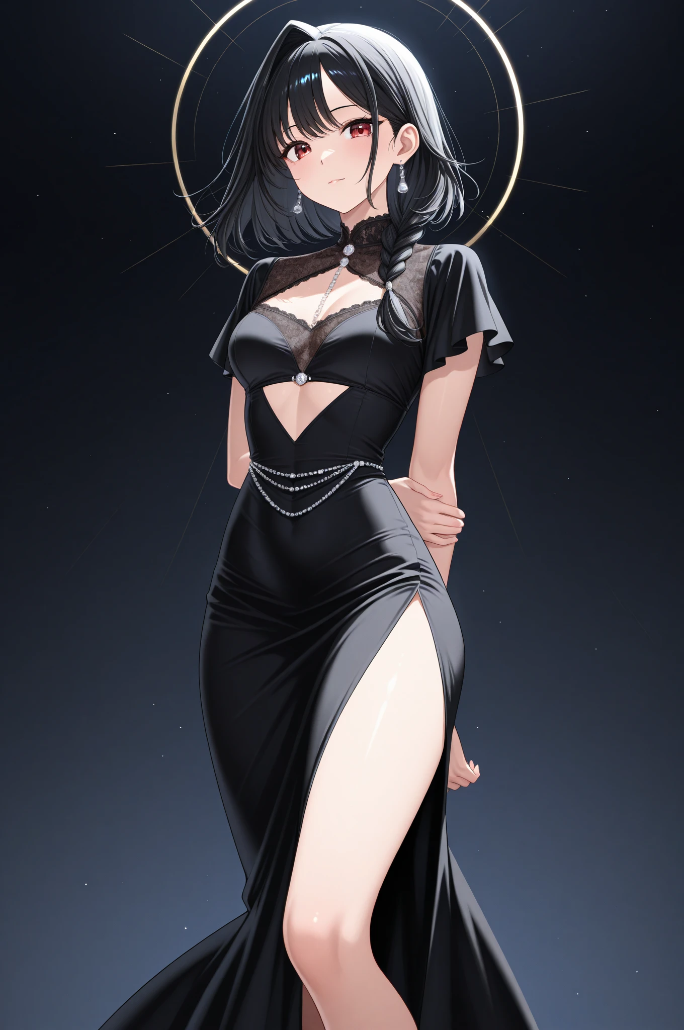 tsuruta ichiro, Narrow-eyed, 1girl in, Dynamic angles、sideways Facing、Luxurious dresses,deadpan、short-hair、shorth hair、brow、A dark-haired、Tucked Hair Solo, ((mideum breasts)), ( Thin slit eyes)、Black eyes, Light shines on the eyes、Black hair, gloves, Dress,  Luxurious Jewelry, earrings, sharp eye、 elbow groves, Makeup for long eyes, (Slender eyes)、lip stick, Rim Light, Back Light, Studio Lighting,unity 8k wall paper、ultra-detailliert、Beautifully Aesthetic、​masterpiece、top-quality、ighly detailed、The most beautiful forms、elegent、