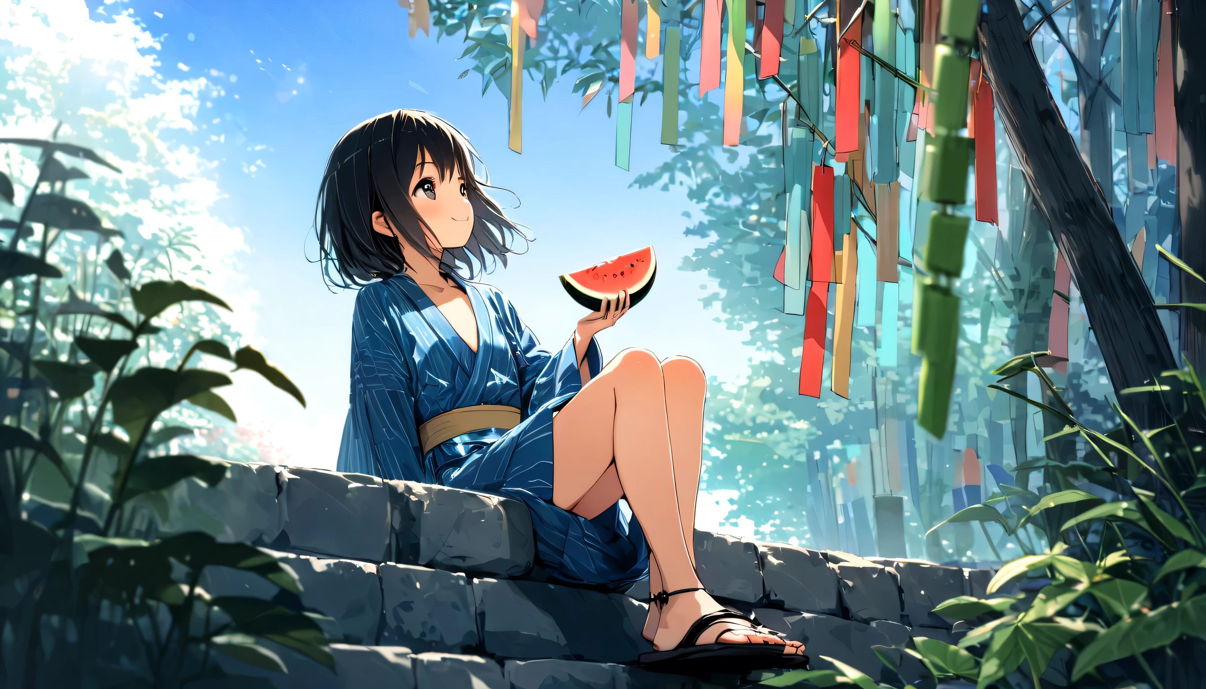 masterpiece, best quality, ultra-detailed, 8k, high resolution, Gentle colors, soft focus, dreamy background, White background, blue sky, Composition from a distance, Outdoor, A wide open space, Colorful Tanabata bamboo decorations, Shooting from the garden, Delicate and dynamic, The wind is blowing, Full Body Shot, 1 girl, shiny black hair, very young, Short stature, Flat chest, Wearing a yukata, Wearing sandals, Smile, Looking up at the sky, Sitting on the stone stairs, Eating sliced watermelon, Photographing a subject from below at an angle, Shooting from the garden, in the soft glow of early morning light