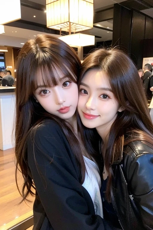 ((Best Quality, 8K, Masterpiece: 1.3)), 2 women, snuggled together, kiss, half, smile, happy eyes, beautiful woman, (dark brown hair), tight t-shirt, mini casual skirt, super detailed face, detailed eyes, double eyelids, basement, interior