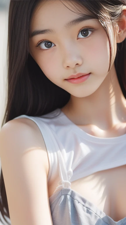 High resolution, Highest quality,  super high quality, Very detailed, 8k、Embarrassing、Sweaty、Sweat、Embarrassing、(masterpiece:1.2, Highest quality), (Realistic, photoRealistic:1.4), Beautiful illustrations, (Natural Side Lighting, Cinema Lighting), View your viewers, whole body, 1 girl, Japanese, high school girl, Perfect Face, Cute and symmetrical face, Glowing Skin, Baby Face, (,Black Hair)black eye, Big eyes, Droopy eyes, (Center of chest, Captivating thighs, Big Ass)