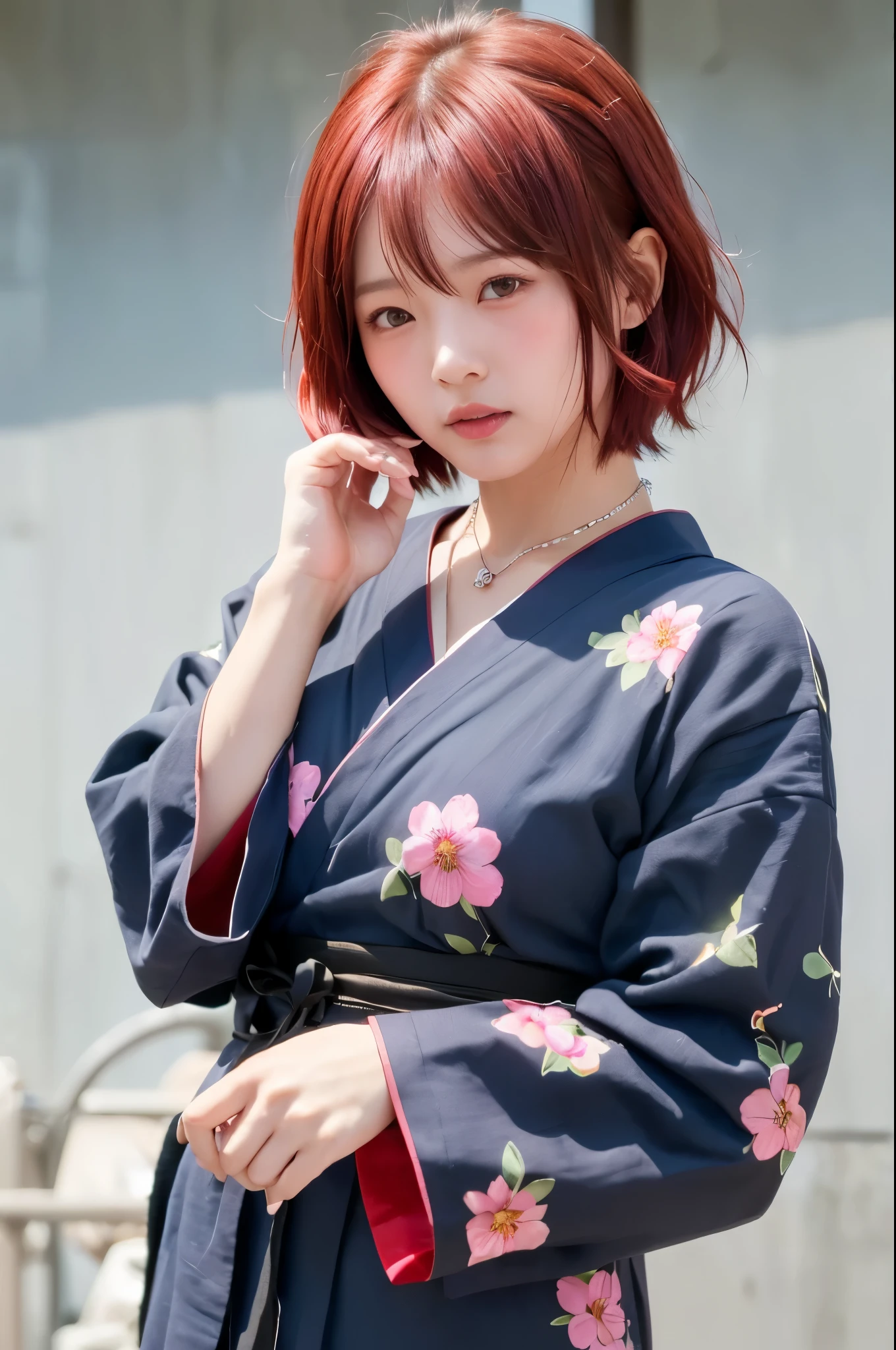 (top quality、8k、32K、masterpiece)、(realistic)、(realistic:1.2)、(high resolution)、very detailed、very pretty face and eyes、1 、round face、tight waist、Delicate Body、(close、top quality、attention to detail、rich skin details)、(top quality、8k、oil:1.2)、(realistic、realistic:1.37)、bright color、(((I have red hair)))、(((Cowboy Shot)))、(((short hair)))、(((I have a stylish hairstyle)))、((( sad expression)))、((( red hair )))、((It's a pink yukata)))、(((I'm wearing a floral yukata)))、(((sweaty skin by SJRW)))、(((I have red hair)))、((( I'm wearing a pink yukata )))、(((I have bangs)))、(((moon necklaces)))、(((I'm stroking my cheek)))、(((I fit in the frame)))、((( the rompers)))、