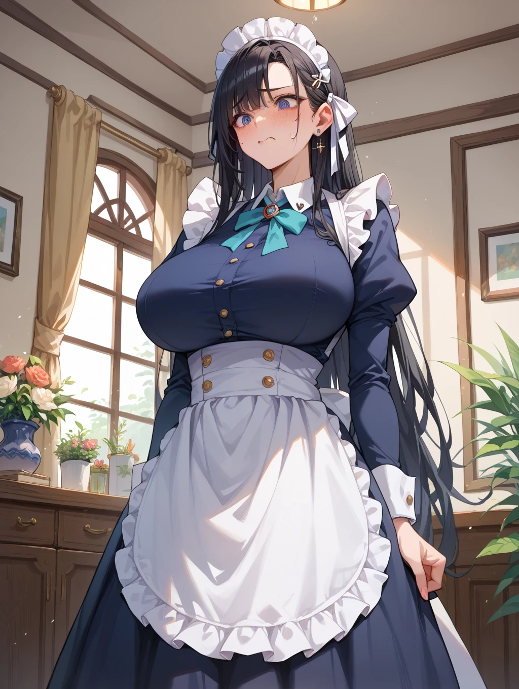 (Highest quality:1.3),、Black Hair、Iris、Large Breasts,((Completely nakedでapronを着用)),counter、(((裸apron)))、Embarrassed red face、Big Hips、(((Completely naked、apron)))