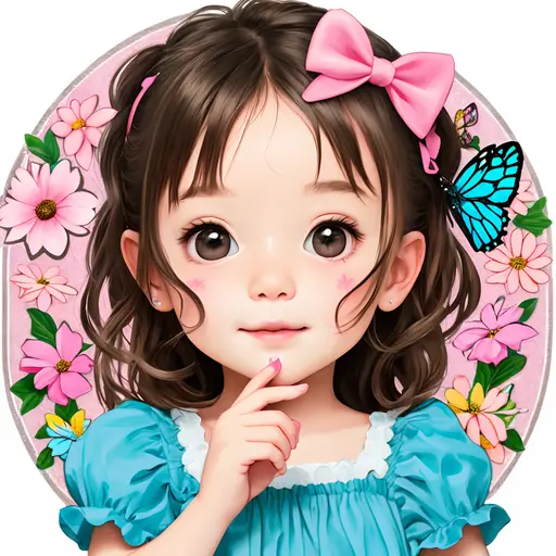 a sticker,Hand account,a little lovely ??? girl,Lots of pink bows around,Beautiful flowers,Colorful butterflies