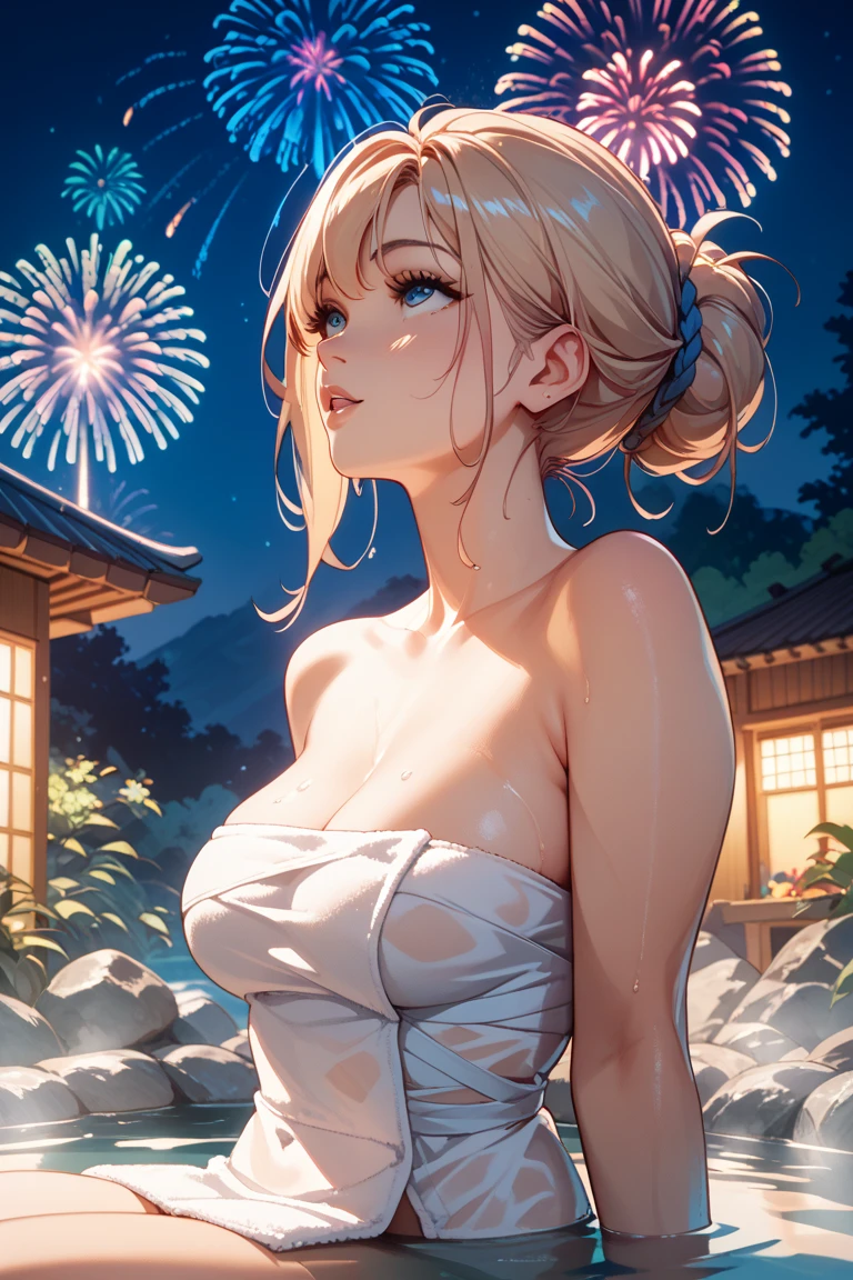 (((HD photo))), ultra high res.photorealistic:. 1.4, UHD, masterpiece, trending on artstation, full body, closeup of face and cleavage, 1girl, pretty, cute face, most beautiful in the world, soft, delicate, (very short hair, blonde:1.3), cute breasts , (wearing printed yukata, holding a paper fan), facial expression is very happy and smiling , detailed background is the firework festival at lake in Japan 