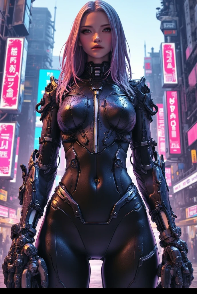 3/4 shot.Unbeatable masterpiece, Ultra photo realsisim, Perfect Artwork, Intricate details, Best Quality, strong lights,High contrast,((Post apocalyptic futuristic Cyberpunk , outline):1.35) , ((masterpiece)),((Extremely detailed)) , ((extremely detailed and beautiful face)) , Smoky makeup, Perfectcomposition , intricate detailes , neon light , neon trim, (full body Esbian:1.25) , (Official art) , Very delicately beautiful cyberpunk girl, long rainbow colored hair blowing in the wind, cybernetic limbs, vibrant yellow eyes, long detailed eyelashes, huge enormously gigantic tits, cleavage showing, wearing highly detailed futuristic oversized hooded battle armor, tons of tattoos and piercings(1girl:1.3) , Solo , (glass screen:1.2) , (Clear glass) , Tindall Effect , Colorful refraction , visual impact , (High light contrast) , Colorful , Melt , (Cyberpunk:1.2) ,(flinch :1.4) ,
