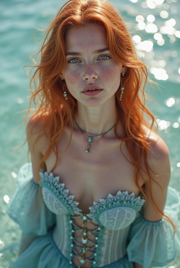 master part, imagem detalhada, 8k, single picture, Romantismo, Actress Bryce Dallas Howard in light blue draped swimsuit with no straps, estilo grego, braceletes dourados nos punhos, tiara dourada na testa, 29 anos de idade, stone scenery , facial expression of sweetness, looking-into-camera, olhos azuis claros, charming facial expression, cabelos vermelhos claros, Cabelos Longos, body curvy , perspectiva de corpo inteiro