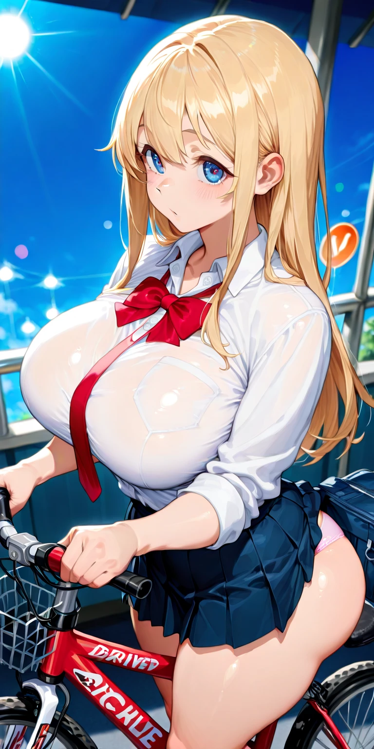 KANZAKIMIKOTO, BLONDE HAIR, ponytail, HAIR INTAKES, parted bangs, long hair, green eyes, mole under eye, 15years old,, large breasts,, Riding a bike through the sky, solo nsfw early morning、 Blazer skirt nipple