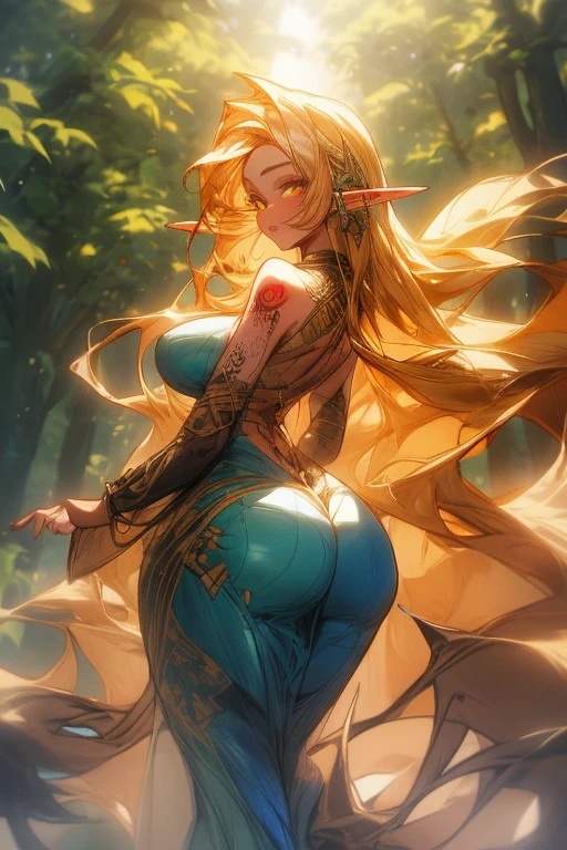 an girl elf poses in chains and jewelry, 1girl,solo, pointy ears, elf, freckles,very long hair, green eyes,cupid's bow lips, braid, jewelry, looking at viewer, (yellow golden hair:1.3), (long hair), (flowing hair). (extremely detailed leggings design), fantasy theme, indie aesthetic, (mystical landscape),(castle background), smile, dynamic pose, vibrant colour, shadow, contrast, refraction, perspective, depth, good anatomy,perfect body, big breast, stunning details, sexy pose,