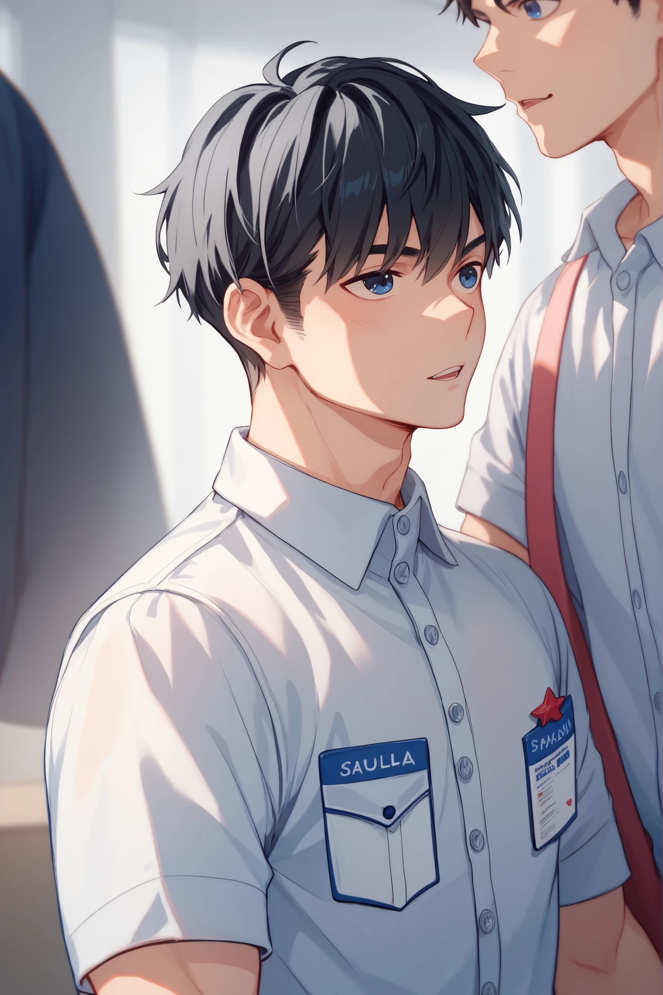 Boy with two blocks of black hair and dark blue eyes。has a strong figure and is wearing a white shirt and navy blue slacks