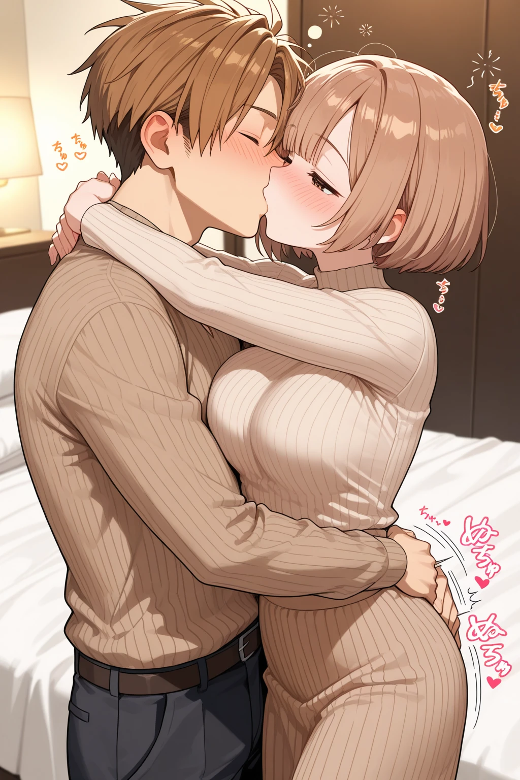 NSFW maddie fenton, a sexy milf, mature body, pixiv artwork, masterpiece, wearing a skintight long grey dress accentuating her curves, raping boy, orange hair, bobcut, seductive, no panties, curvy toned physique with big breasts and ass and tiny waist, body made for sex, no bra, ready to fuck, very sexy and seductive position, crazy but sexy look in her eyes, dominating boy, dominant woman, femdom, cumming, mother and son, size difference, holding boy in an embrace, mother's love