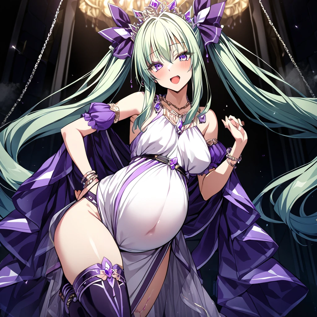 Anime beautiful goddess, Great Harlot Babylon, ultra  girl, pregnancy,purplish silver hair,motherhood, prostitute's smile,bukkake,Goddess maternity dress decorated with lapis lazuli and gold,divine power, the sacred light, the pink halo,in Heaven,