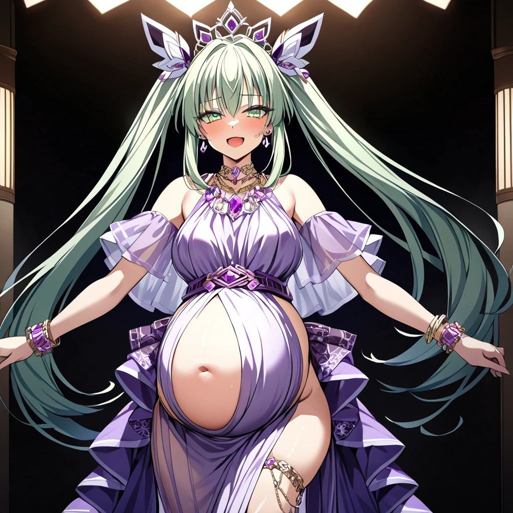 ultra-detailed, extremely detailed,((anime artstyle)),Masterpiece,(Best Quality),(Super Detail),(Very Delicate and Beautiful),((Solo)),((full body)),full body,((detailed face and eyes)),perfect eyes, rendered eyes,jewel-like beautiful eyes,((embarrassed,blush)),((1 pregnant princess in beautiful embroidery and jeweled gorgeous rococo ballgown with voluminous full length hoop skirt)),(((heavily pregnant))),((Crinoline,luxurious ruffles)),beautiful embroidery and jeweled gorgeous rococo ballgown with voluminous full length hoop skirt,(large amount of straight hair,extremely voluminous Very Long straight Hair,Absolutely Long Straight Hair),((((very gigantic boobs)))),skindentation,Bursting breasts,cleavage,(fantasy castle,luxury palace),long_gloves,extremely gorgeousfull jeweled hair ornament,(bling-bling extremely gorgeousfull jeweled tiara),(luxurious jewelry),full body,beautiful embroidery and jeweled gorgeous rococo princess ballgown with voluminous full length hoop skirt