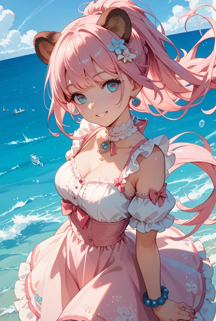 masutepiece, hyper quality, Hyper Detailed, Perfect drawing,Hi-Res、1girll,full body Esbian、ssmile、Loose and fluffy hair、(((drills twintails)))、A pink-haired、Big eyes with double eyelids、lofty nose、blusher(0.2)、small mouth、ear piercings、Swimsuit(Lolita Fashion:0.5)(Lace Ruffles:1.5)(White pink swimsuit)、Premium Services、Beach、blue-sky、Summer colors、Sunlight、shores、White sandy beach、Shooting from diagonally below, portlate、beatiful backgrounds, meticulous drawing, Accurate drawing、Perfect illustration、Perfect Beautiful Girl、high-class sense