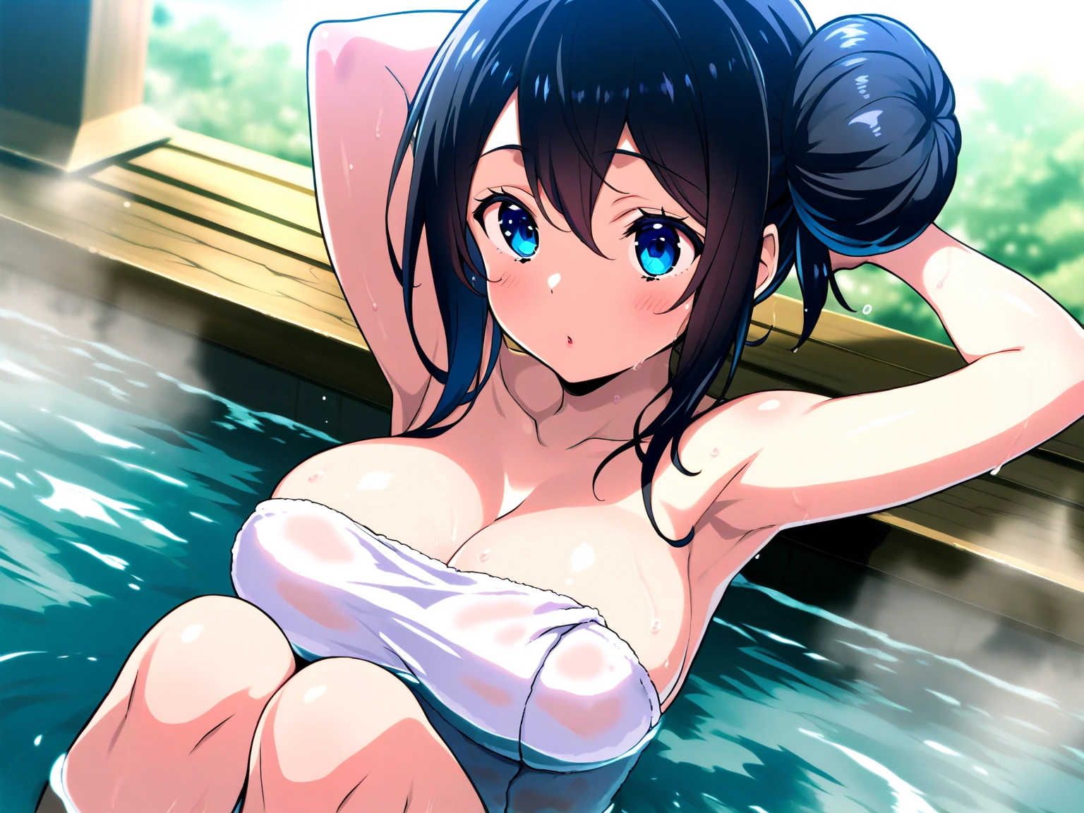 1girl, solo, furry puma girl, huge breast, black hair, blue eyes, white tanktop dress, spaghetti strap, partially submerged, in water, flooding up to the chest, upper body, yellowstone park, seductive smile, anime face, hands up,