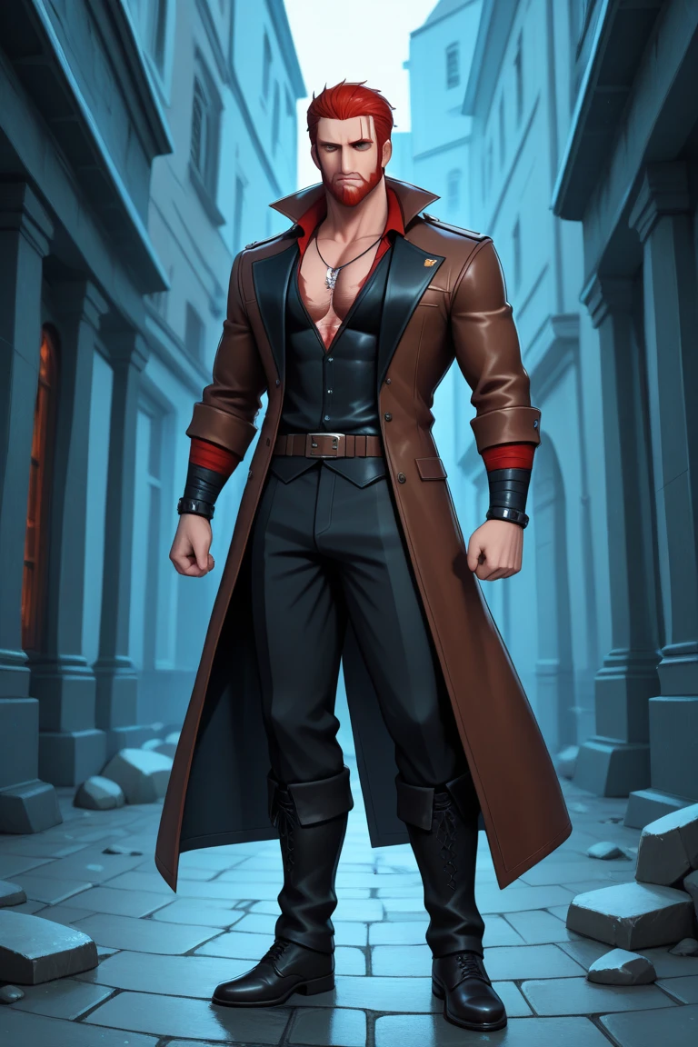 homme torse nu avec un cache oeil, une barbe, et un long manteau tenant un pistolet steampunk, albert wesker full body portrait, Corps d’Ernest Khalimov, Portrait d’Adam Jensen, Concept Art comme Ernest Khalimov, personnage masculin, Albert Wesker, En tant que personnage de steampunk, inspired by Volkan Baga, Complete cinematic character, inspired by Max Magnus Norman, Portrait du professeur Sinister