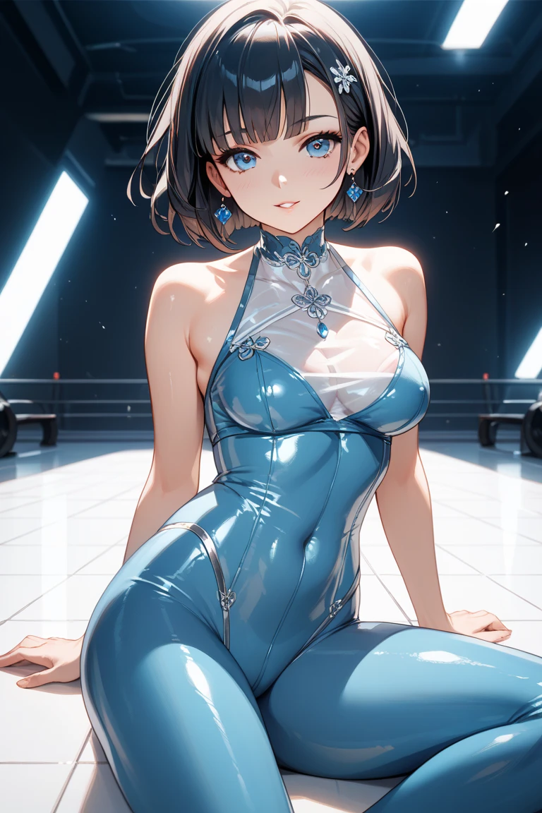 Professional artwork, Intricate details, Field of View, Sharp focus, Detailed painting, realistic illumination, trending on pixiv,(Masterpiece:1.0),(Best_quality:1.0), 超A high resolution, Ultra-detailed, Photography, 8K, hdr, A high resolution, absurderes:1.2, Kodak Portra 400, filmgrain, Sharp focus, Bokeh:1.2, Lens flare, (vibrant_Color:1.2), ultra detailed body, Ultra Detail Hair, Ultra Detail Face, Li Meifeng, (((White latex one-piece tights:1.4))), (Full body shot:1.1), Mature female, 1girll, Anime face, standing, Solo, Chinese dress, Makeup, Large breasts, lipstick, Red eyes, Short hair, Brown hair, Perfect body, (atheletic body:1.1), Perfect eyes, Anime eyes, smoky eyeliner, eye shadows, Perfect face, Shy, ((Upper body, Semi-body shot)),nipple, pussy, facing the camera