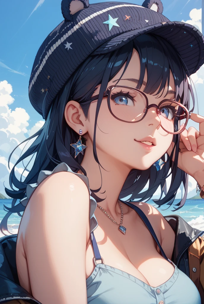 (best quality, masterpiece, perfect face, beautiful and aesthetic:1.2, colorful, dynamic angle, highest detailed face), 20 years old girl, medium, flirting on camera, 35mm, bokeh, 9:16, ocean view, at the beach, (intricate details, hyperdetailed:1.15), (high contrast, official art, extreme detailed, highest detailed), perfect face, female, gamer girl, blue eyes, wearing red lipstick, light smile, medium black wavy hair with purple highlights, wearing headphones, nerdy glasses, with black frames, bangs, she is wearing a bikini, large breasts, cleavage, close up shot, POV view from below, underboob, cleavage, chin up