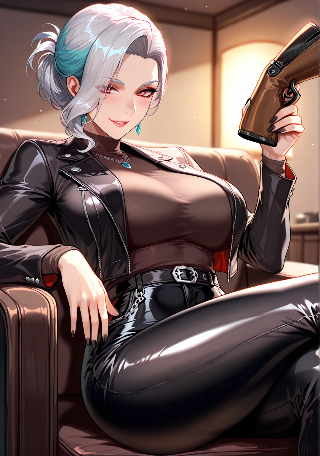 masterpiece, best quality, 1girl, solo, Bkornblume, headphones, solo, blue scarfs, coat, pussy, meeting someone, interrogation, black dress, black gloves, grey hair, holding gun, black coat dress, long sleeves, gloves, blushing, bed, smile, full body, information, german face, boots, sitting, opened breasts, die stasi spy, kitchen background, pantyhose, heels, holsters, buttons, knee, bedroom, Germany, breasts, blue stocking, Aranea Highwind, using bed, mama Aranea, stasi, indoor, pillows, room, ahegao, pole dancing, hotel