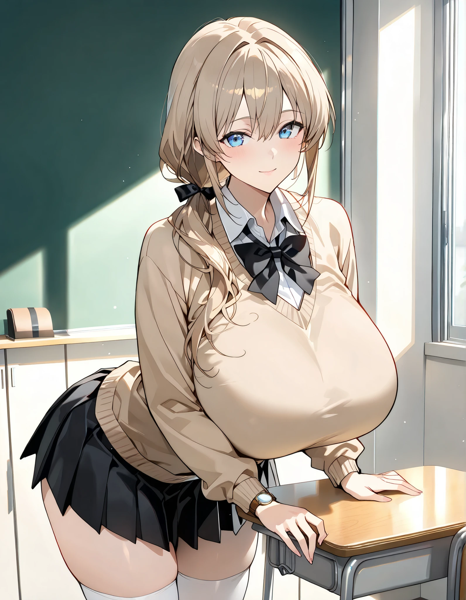 loose school uniform is sheer, button gap,(covered nipples:0.95),breasts,red white gold uniform,(side-tie peek:1.5),(button gap:1.5), white skirt, white top, red ribbon, golden buttons, golden shoulder pats, young adult, 19 years, embarrassed,blush,blonde hair,half updo hair, open mouth,brown eyes, beautiful brown eyes, big breast, striking body curves, horny smile, pink lips, tiny girl, cute pose, masterpiece, classroom background, school