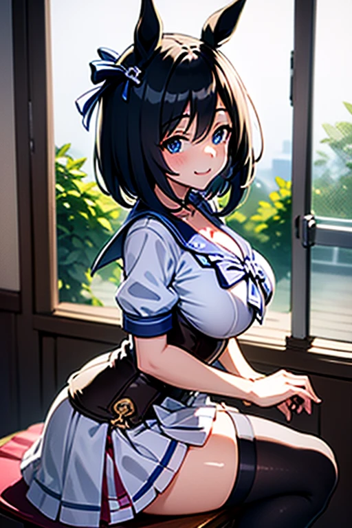 (perfect body),highest quality,Highest image quality,(8K portrait),(anime screen cap)、blush,Sweat,((big breasts))、((bob cut)),(thick thighs),((((white micro bikini))))、white knee socks、Uma Musume、horse ears、horse tail((laughter))、cowboy shot、show teeth、(((put your hands behind your head)))、((armpit))、((leaning forward))、
