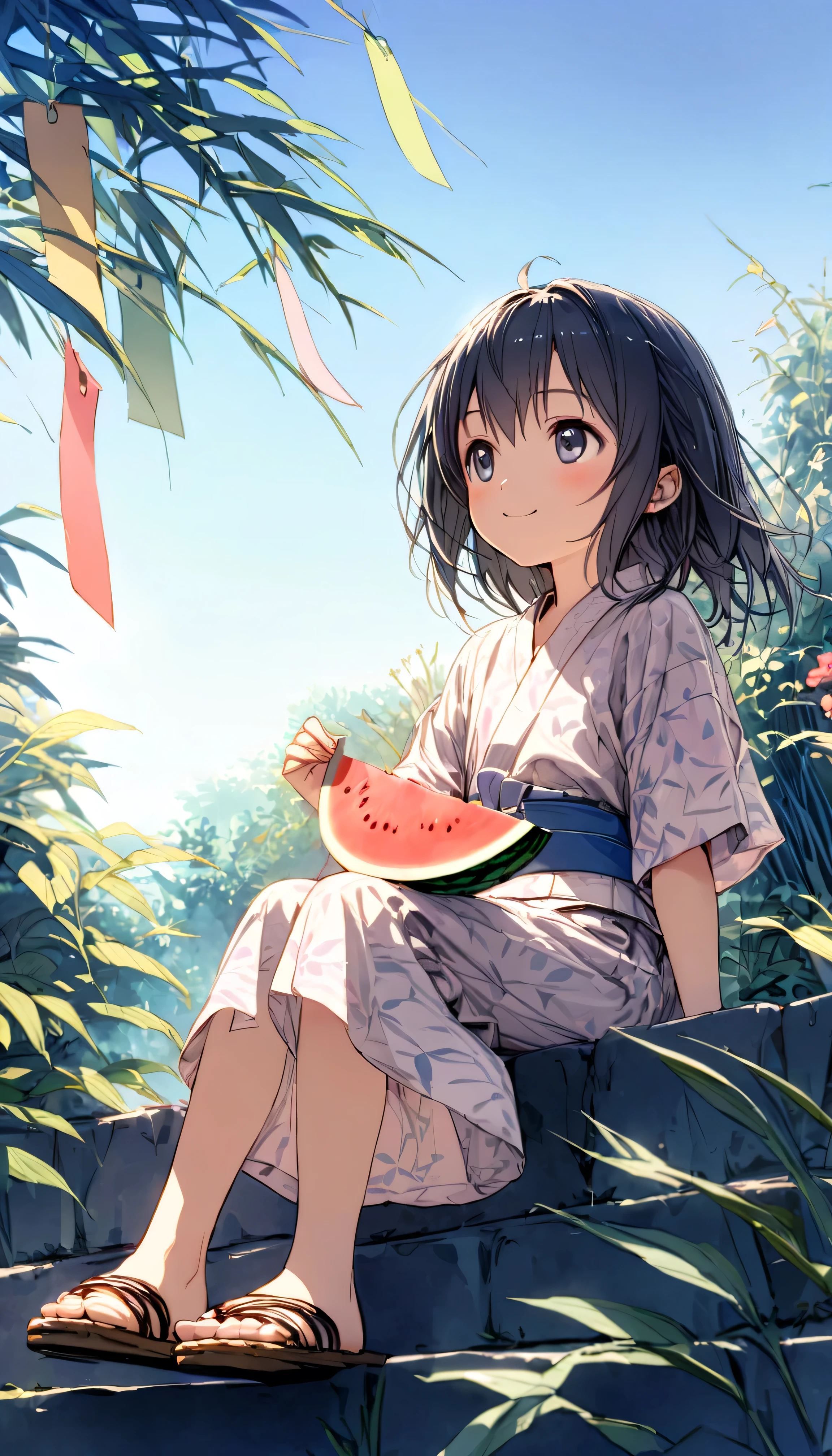 masterpiece, best quality, ultra-detailed, 8k, high resolution, Gentle colors, soft focus, dreamy background, White background, blue sky, Composition from a distance, Outdoor, Large garden, Colorful Tanabata strips of paper are hanging from a single bamboo stalk, Shooting from the garden, Delicate and dynamic, The wind is blowing, Full Body Shot, 1 girl, shiny black hair, very young, Short stature, Flat chest, Wearing a yukata, Wearing sandals, Smile, Looking up at the sky, Sitting on the stone stairs, Eating sliced watermelon, Photographing a subject from below at an angle, Shooting from the garden, in the soft glow of early morning light