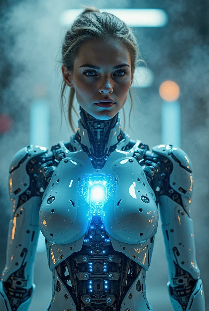 1mechanical girl,((ultra realistic details)), portrait, global illumination, shadows, octane render, 8k, ultra sharp,metal,intricate, ornaments detailed, cold colors, egypician detail, highly intricate details, realistic light, trending on cgsociety, glowing eyes, facing camera, neon details, machanical limbs,blood vessels connected to tubes,mechanical vertebra attaching to back,mechanical cervial attaching to neck,sitting,wires and cables connecting to head