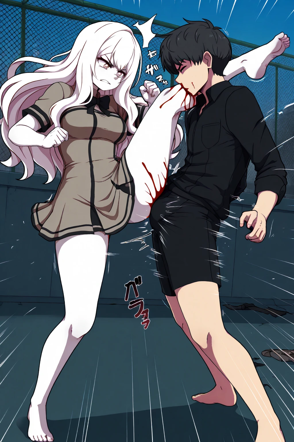 (Highest quality, High resolution), ((Two people)), ((makimacm44 gives fellatio to powercasual:1.4)), girl, (bukkake:1.4), (full body), futanari, fellatio, (Power, powercasual, sharp teeth, cross-shaped pupils, red shirt, long sleeves, denim shorts) (makimacm44, ringed yellow eyes, red long hair, bangs, white shirt, sidelocks, black pants, braided ponytail, black necktie)