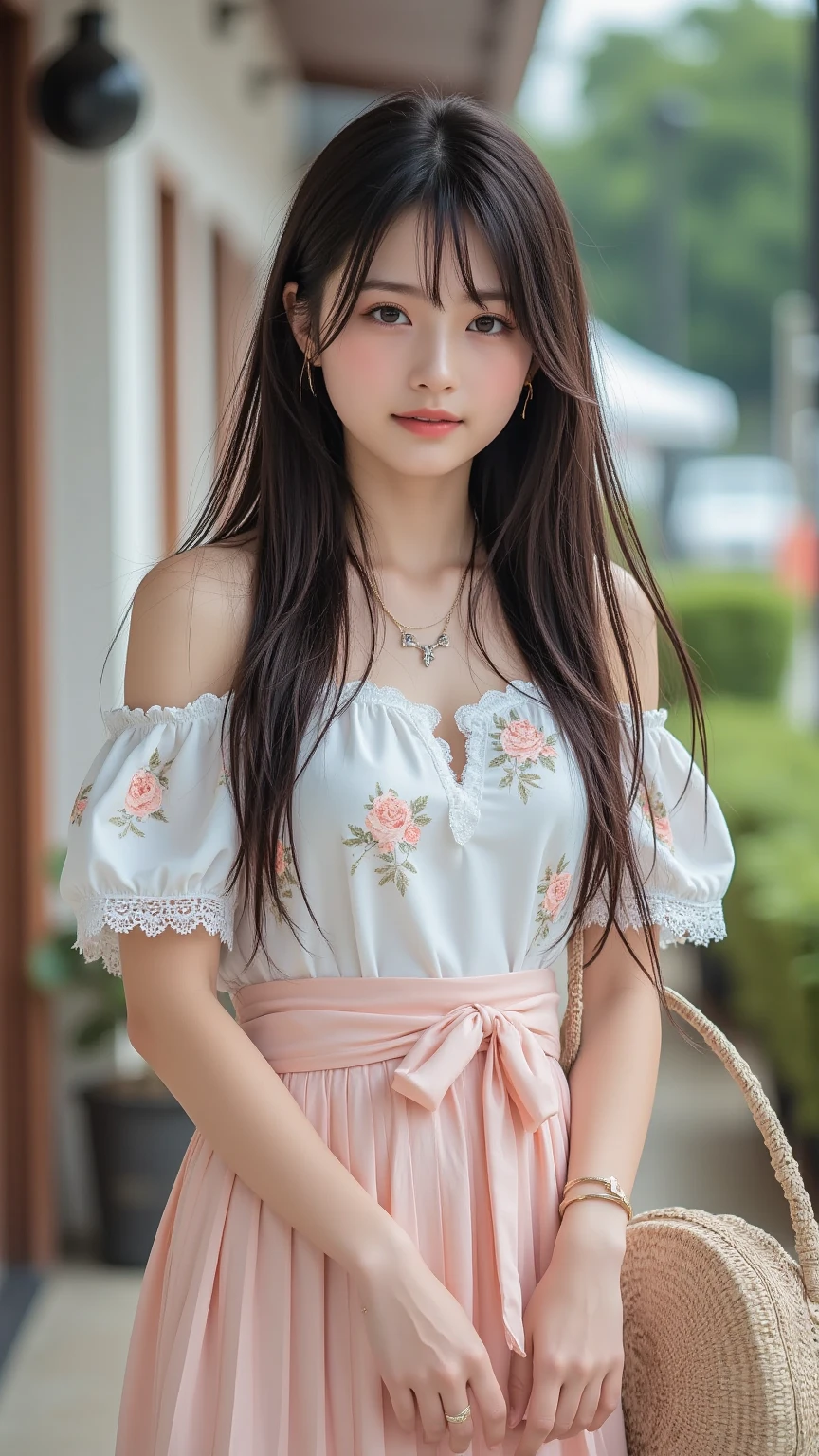1female, beautiful face, standing feminine style, at the Playground, wearing off-shoulder shirt, hotskirt, love earrings, long bangs hair, full body, close up, little smile, ultra high quality, Masterpiece
