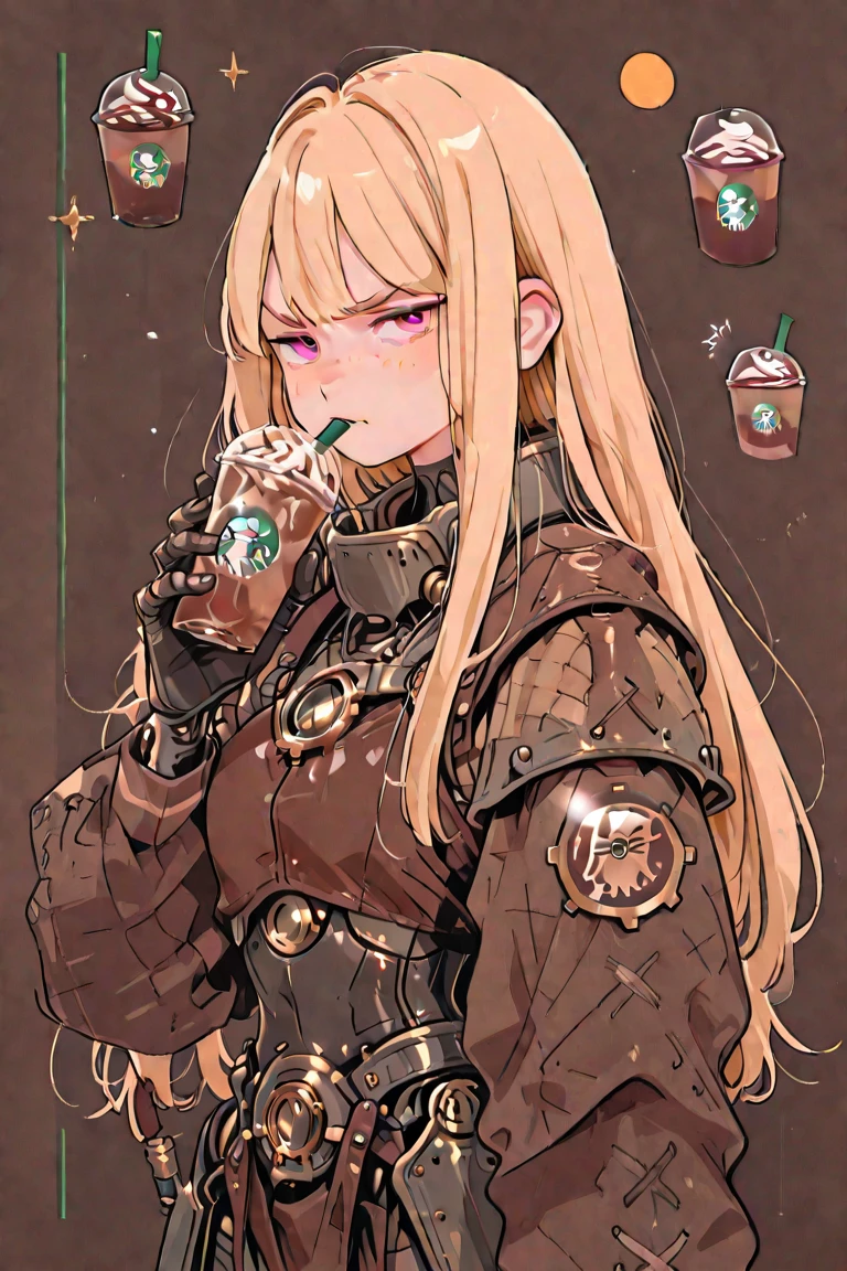 beautiful, (masterpiece:1.2), (best quality:1.2), perfect lighting, pov, 1girl, Magik, midriff, gloves, cleavage, coffee, giant mug,holding with both hands, <lora:magik-10:0.8>, foreshortening, depth, simple background