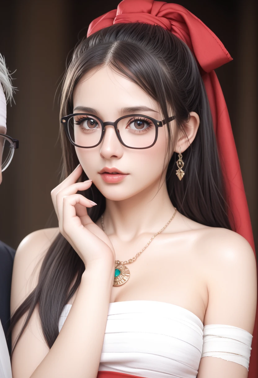 (8k, best quality, masterpiece), highly detailed, Masterpiece, realistic lighting, masterpiece, best quality, masterpiece, official artwork, highly detailed 8k unity CG wallpaper, teenage woman with cute face, long black hair and hair tied in a ponytail with a beautiful diamond ribbon, elegant and beautiful, wearing glasses, wearing white silk pajamas with red embroidery, big breasts, wearing high heels.