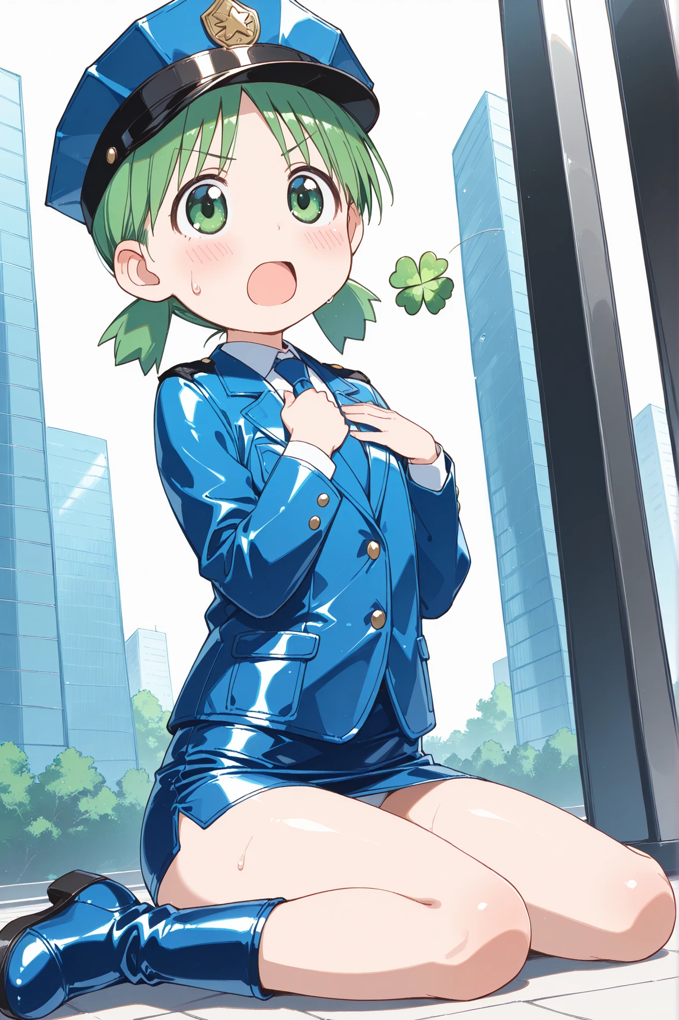 ,(((anime style))),nsfw,score_9, score_8_up, score_7_up,masterpiece, best quality,ultra detail,1girl,(((((solo))))),yasuna oribe,koiwai yotsuba,quad tails, , short hair , green hair,(green eyes),(round eyes),((back shot)),((park lawn)),((blue Police Uniform)),(police hat),(((blue leather blazer))),(long sleeve),(((shiny leather blue mini skirt))),((blue leather boots)),((white shirt)),((blue tie)),((Flat Chest)),(((knee))),((dramatic angle)),(((white panty))),((Hands on chest)),((Four leaf clover in hand)),((low angle)),
,(((wariza))),(((A glimpse of her thin thighs))),looking back,((looking at viewers)),open mouth,sweat,blush,v-shaped eyebrows,