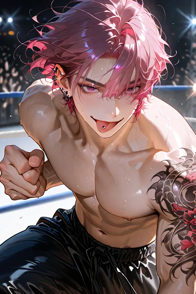 masutepiece,1 male, 25-years old,Male Focus, Pink Shorthair, Hold a megaphone and sing, Detailed eyes,