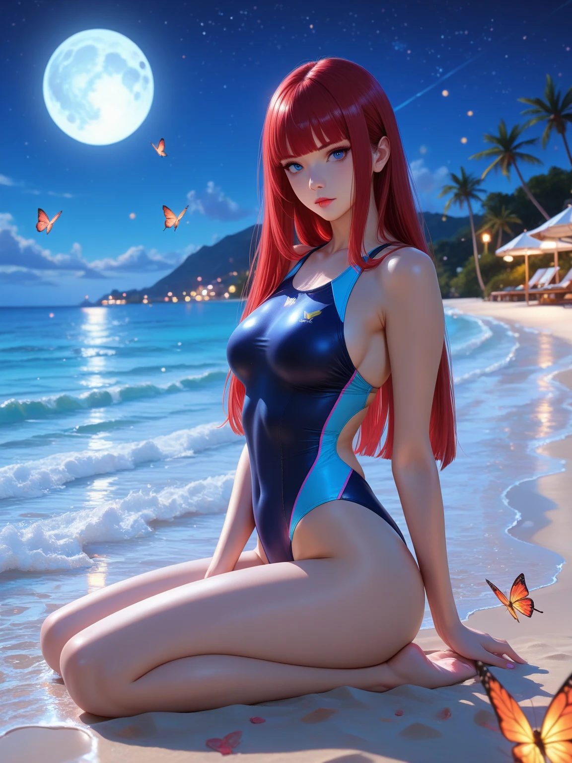 A stunning 8k anime-style illustration of a woman outdoors on a beach. She has long, slender legs and a wide, toned hips, with a tiny waist and a round, well-defined chest. She has a beautiful face with blue eyes, red and plump lips, and long, cascading hair that combines red and blue tones. The full moon and Milky Way fill the sky behind her, creating a captivating backdrop. This artwork is a masterpiece of skill and technique, showcasing the artist's exceptional talent in the anime style. The photo is taken from a downward angle, accentuating the beauty and grace of the woman in this serene setting.