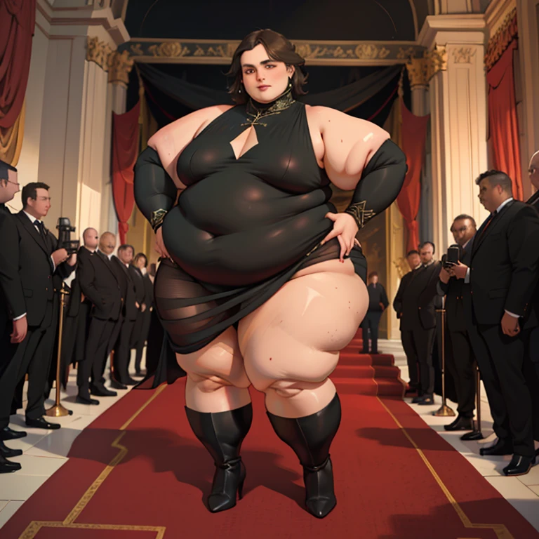 ((solo)), Emma Watson, medium hair, brown hair, female, (grey skin, rhinoceros ears), ( black dress, fashion model), (overweight, belly), by personalami, by pixelsketcher, by taran fiddler, by honovy, ((red carpet, detailed background)), shocked, surprised, musclegut, horn