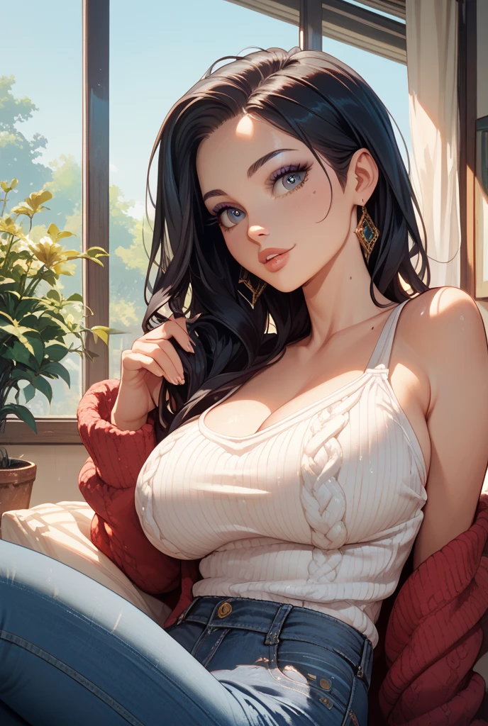Sexy woman, perfect hair, amazing makeup, seductive gaze, blushing intensely, ready to kiss, long oversized sweater, sitting comfortably on couch, window, natural light beaming through window, beautiful face, seductively gazing at us, very seductively provocative