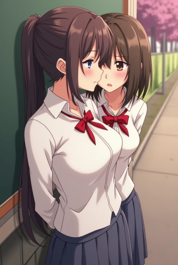 high quality, anime, Japanese, Two Girls, thin目, cute, Brown Hair, Big Breasts, thin, Big eyes, Small Nose, , classroom, Lesbian couple, kiss,