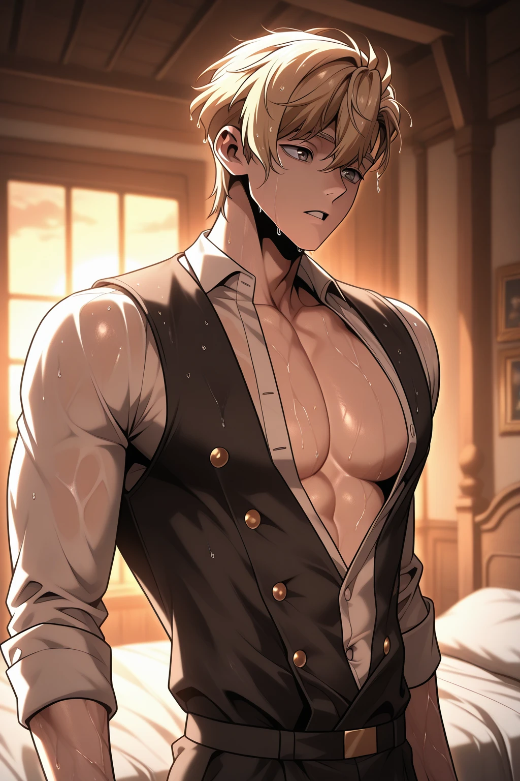 Nikolai is 22 years old, he has tanned skin, golden hair, shaved on one side and styled on the other, light brown eyes and slightly hooked nose, he has a beautiful face, outlined by the features of a fairy-tale prince;. He is described as extremely charming, handsome and smiling;no shirt,,
