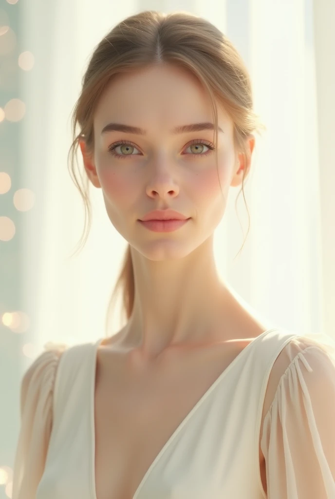 A beautiful elegant woman, detailed facial features, long eyelashes, flawless porcelain skin, graceful pose, flowing hair, delicate feminine features, soft lighting, ambient lighting, warm color palette, cinematic composition, masterpiece, photorealistic, 8k, high resolution, hyper detailed, intricate details, realistic, lifelike skin, volumetric lighting, cinematic lighting, chiaroscuro lighting, dramatic lighting, glowing skin, detailed folds and textures in clothing, pristine fabric, naturalistic, organic, fluid motion, elegant movement, serene expression