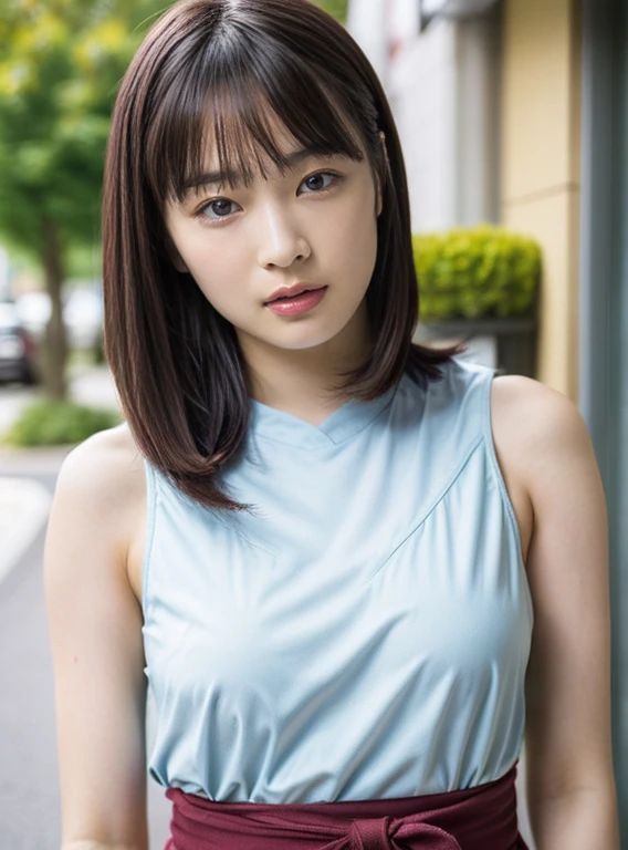 best quality, photorealistic, 8k, high res, full color, 1girl, woman, 20 years old woman, (closed mouth:1.73), (skindentation), (portrait:0.6), trees, park bench, daylight, ((park background:1.52)), full color, ((tanktop jersey:1.78)), looking at viewer:1.8, (1girl eyes looking at viewer:1.55), (medium hair, blackhair, partedbangs:1.45), (bokeh), <lora:AAG-marupi:0.69>