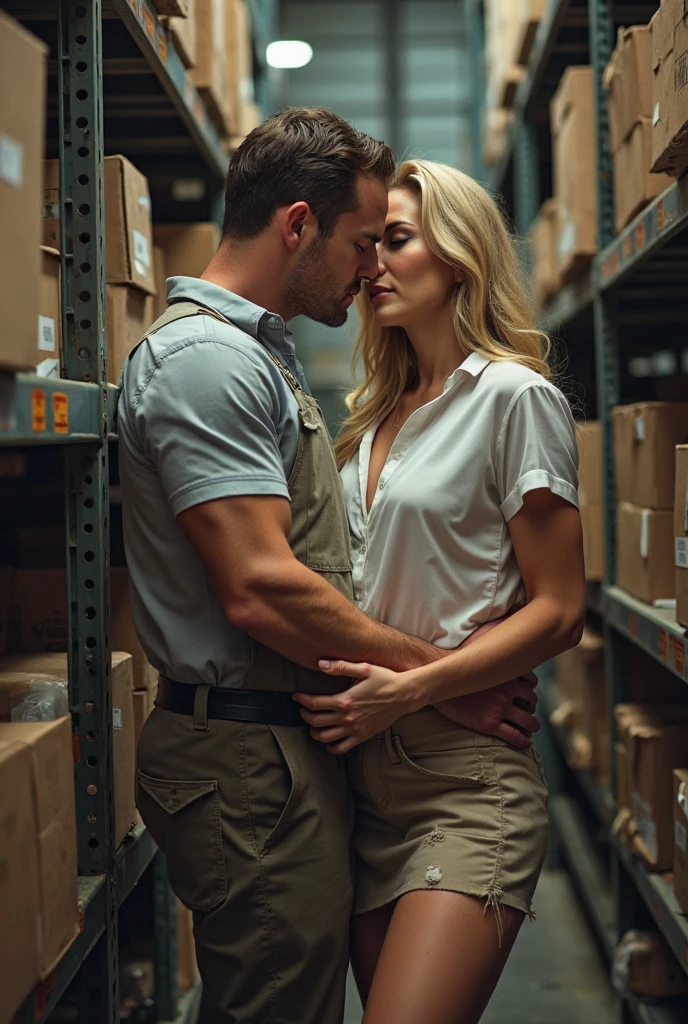 (couple:1.5),National Science Foundation, (((A man stands behind a kneeling woman, grabbing woman's head,Holding woman's chest))), (1 man in shorts、abdominal muscles:1.2),1 sexy woman kneeling at the man's feet ,(intricate clothing:1.2), (masterpiece, best quality, actual:1.4), (have光泽的皮肤), (ultra high definition, 8k wallpaper, High resolution), perfect anatomy, Perfect body,beautiful face,Big smart eyes,double eyelids,highly detailed eyes,highly refined skin, The facial details are very rich, Beautiful eyes in every detail, (((1 girl and 1 person, couple, have ))), (Girl kneels in front of man:1.3), (The woman tilted her head), The girl looked at the man,(long brown hair, cleavage, (The height of the thigh can be seen through),Real warehouse background