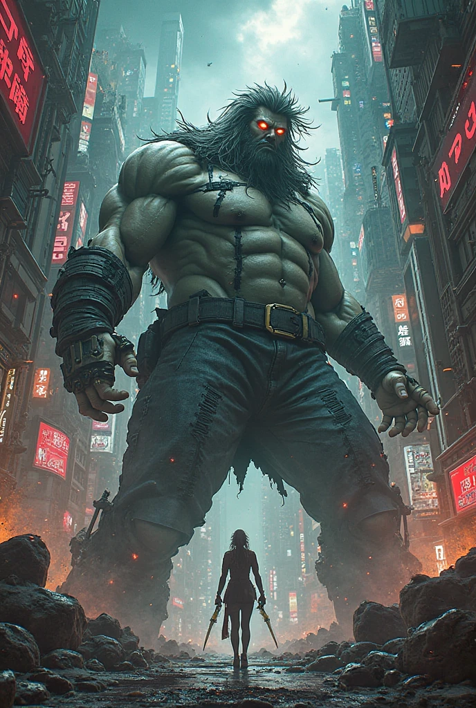 A male monster, he has a gigantic traffic light head and he has a stop sign tied with barbed wire, he is gigantic and muscular, he is wearing short blue pants and he is holding in his left hand a strong electric current that he tore off the pole, he is still releasing sparks, his body is full of tattoos and is stained with blood, he is in a city and he is so big that the houses look small, the city is releasing a green mist, the image has to be in anime
