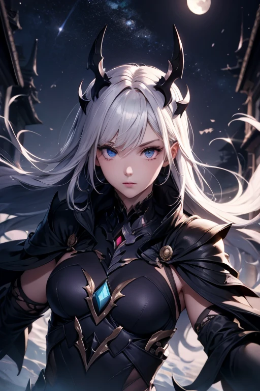 ((masterpiece, best quality)), official art, unity 8k wallpaper, ultra detailed, Amazing dark elf, Dark Angel, mystical aura, ((Obsidian black wings)), flowinggown, deep Purple, Motifs inspired by the occult, ((Crown of thorns)), Poisonous nightshade, balls of fire, Dynamic pose, Darkness shrouded, High detail resolution, r1ge, Crazy nothingness, Glowing eyes, Multiple eyes, Horror (Theme), BREAK, highly detailed of (dark elf), (1girl), solo, perfect face, details eye, ponytail, Blunt bangs, (hair between eye), white hair, violet eyes, fantasy art by Artgerm, by Kawacy, by Wadim kashin,BREAK, eyelashes, eyeshadow, pink eyeshadow, (dark skin:1.2), glaring, Mysterious smile, medium breast, BREAK, extremely detailed, dynamic angle, (( moonlight)), Mystic energy, Mysterious rituals, ((Dark atmosphere)),