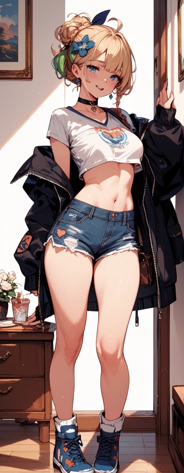 High resolution, woman , good lighting, despicable, , (No nudity), (((loose jean shorts))), ((sports bra)), (((leather thigh high boots))), (garter belt), abdomen only, (wet shorts), , cute face, I'Iは恥ずかしくて赤面します, humiliating, ((spread your legs)), ((large amount of ))