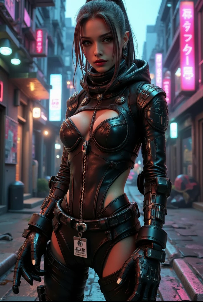 a close up of a person with a gun and a hood on, cyberpunk art, trending on Artstation, neoism, cyberpunk assassin, cyberpunk anime girl in hoodie, female assassin, mechanized soldier girl, cyberpunk anime girl mech, of a sniper girl in war, anime cyberpunk art, cyberpunk character design, full body shot, shooting stance