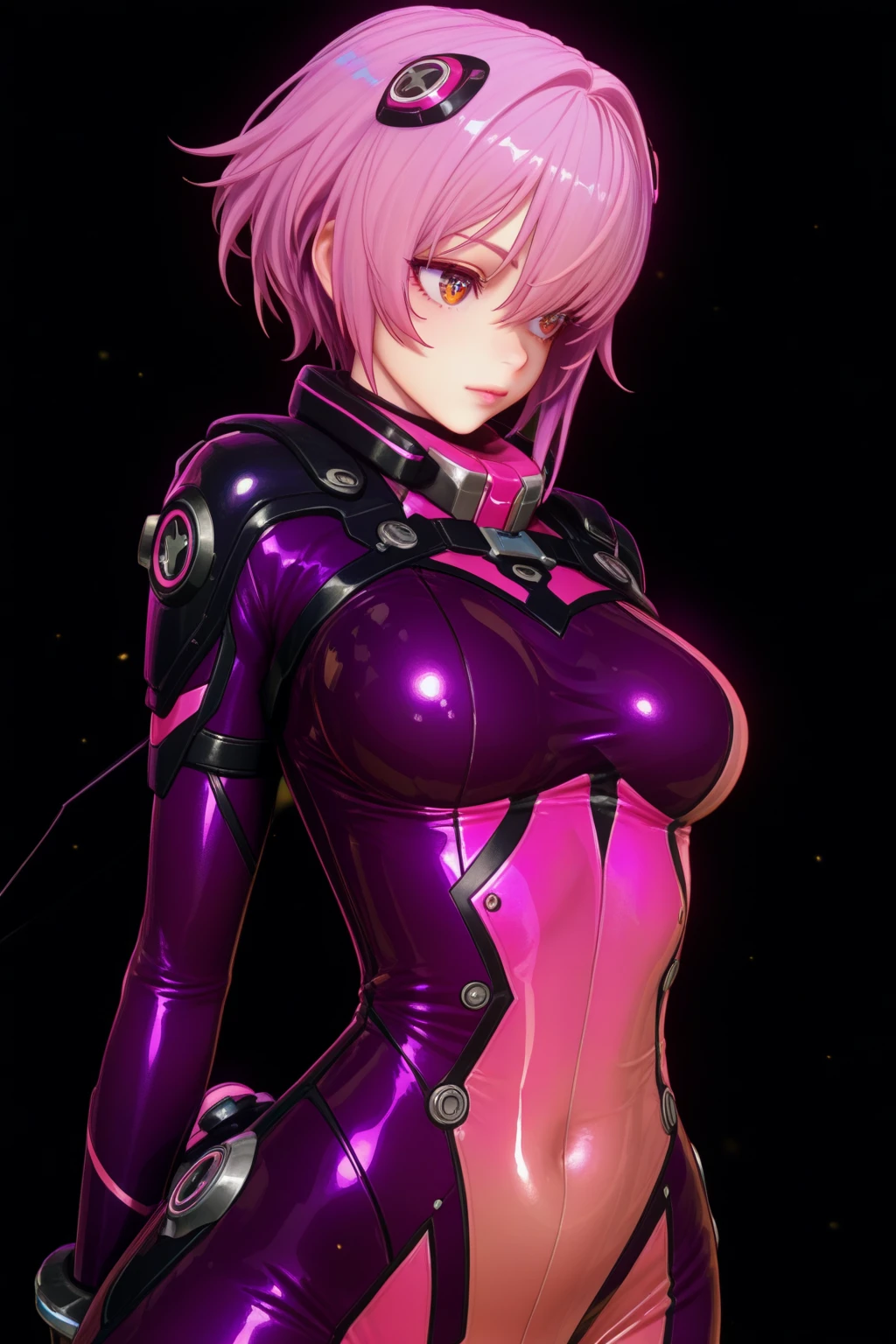 highest quality,Super detailed,shiny skin,1 woman in her 20s,beautiful japanese woman,(upper body only:1.4),(purple and black full body latex bodysuit:1.2),villain,femdom,(female combatant:1.2),(Big square eyes:1.3),(detailed eyes),light pink hair,big breasts,big ass,Plump body type,(standing),(condescending eyes:1.3),(wide smile:1.3),(cyberpunk style),from the front,1 thumb and 4 fingers,(No background:1.2)