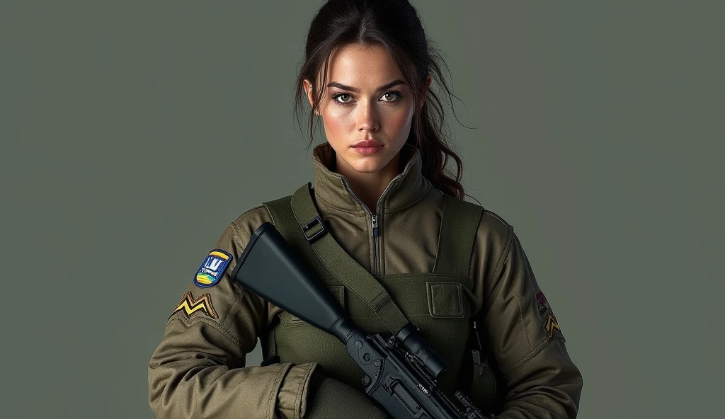 realistic war videogame character, girl, feminine, badass, special forces, military suit, rifle, long brown hair, green eyes, realistic videogame.