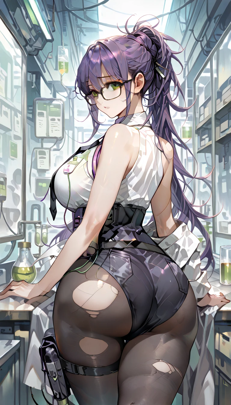 1goat girl, goat ears, yellow horns, purple hair, two long braids, perfect eyes, green eyes, glasses, serene face, black necklace, black skirt, lab coat, purple skirt, long black stockings, purple shoes, book in the hand, big breasts, big ass, laboratory background