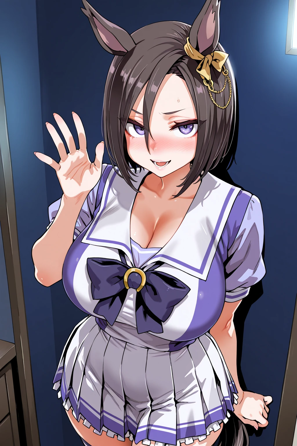 charm,Sexy,Married Woman,Side braids,black hair,blush,Shy,Lipstick,Wear earrings on one side,stockings,Large Breasts,cleavage,Cleavage,bedroom,It was dark all around,Sweat,Blue lace,Blue lace,Blue lace gloves,bite