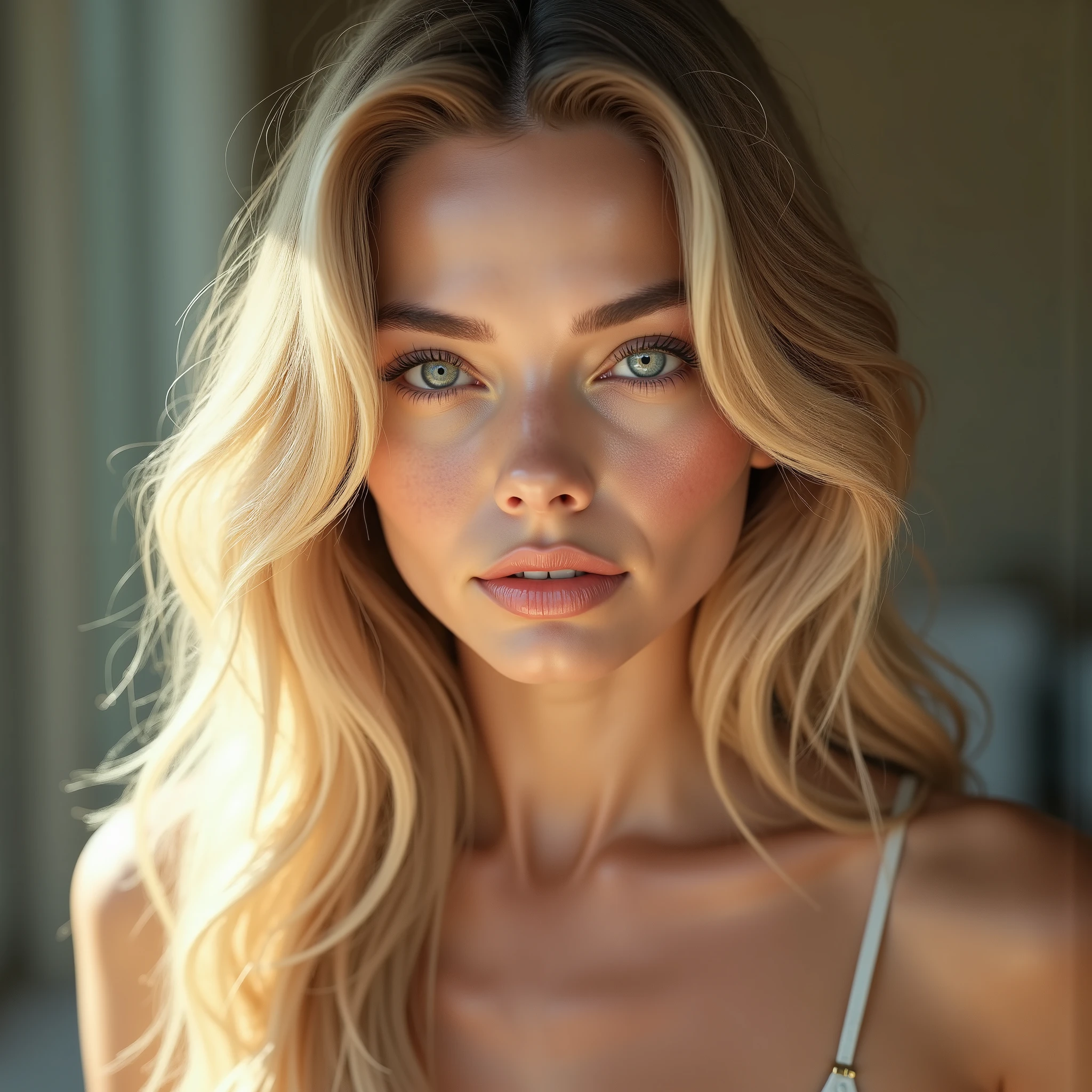 A young woman with long, voluminous wavy blonde hair, expressive light blue eyes with a captivating gaze and defined cheekbones, full pink lips slightly parted. Photorealistic, extremely high detail, perfect skin texture with visible pores and soft gradient lighting, flawless facial symmetry, beauty editorial style, soft natural lighting on her face, shallow depth of field, smooth bokeh, 8k resolution, hyper-realistic, soft glow, cinematic lighting.
realistic 3D full-body portrait of an 18-year-old attractive slim girl, large natural breasts (D cup), very narrow waist (~60 cm), round soft hips (~90 cm), long slender legs, elegant smooth posture, fit and toned but without visible muscles, flat abdomen, soft skin texture, fair skin tone, subtle collarbone, graceful shoulders, no excess muscle definition, smooth thighs, light posing, standing naturally, soft lighting, high-detail anatomy, high-resolution, ultra-clean image
A young woman with long wavy blonde hair wearing high heels, focus on heels and feet, beautiful dress, low angle camera, sexy, beautiful feet, on a bench, close up on feet