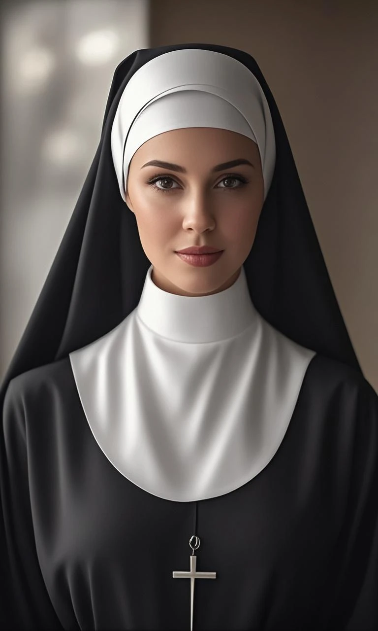 (((masterpiece))), Best Quality, 4k wallpaper,, sensual mature woman of 30 years, wearing a nun's habit, open in front, exposing her perfect small breasts, pink heart-shaped areolas, embarrassed face, blushing, opening his clothing more, separating the legs, looking ahead, ((((outside tits)))), ((((vagina in sight)))), shaved vagina, leaking semen, on the altar of a church